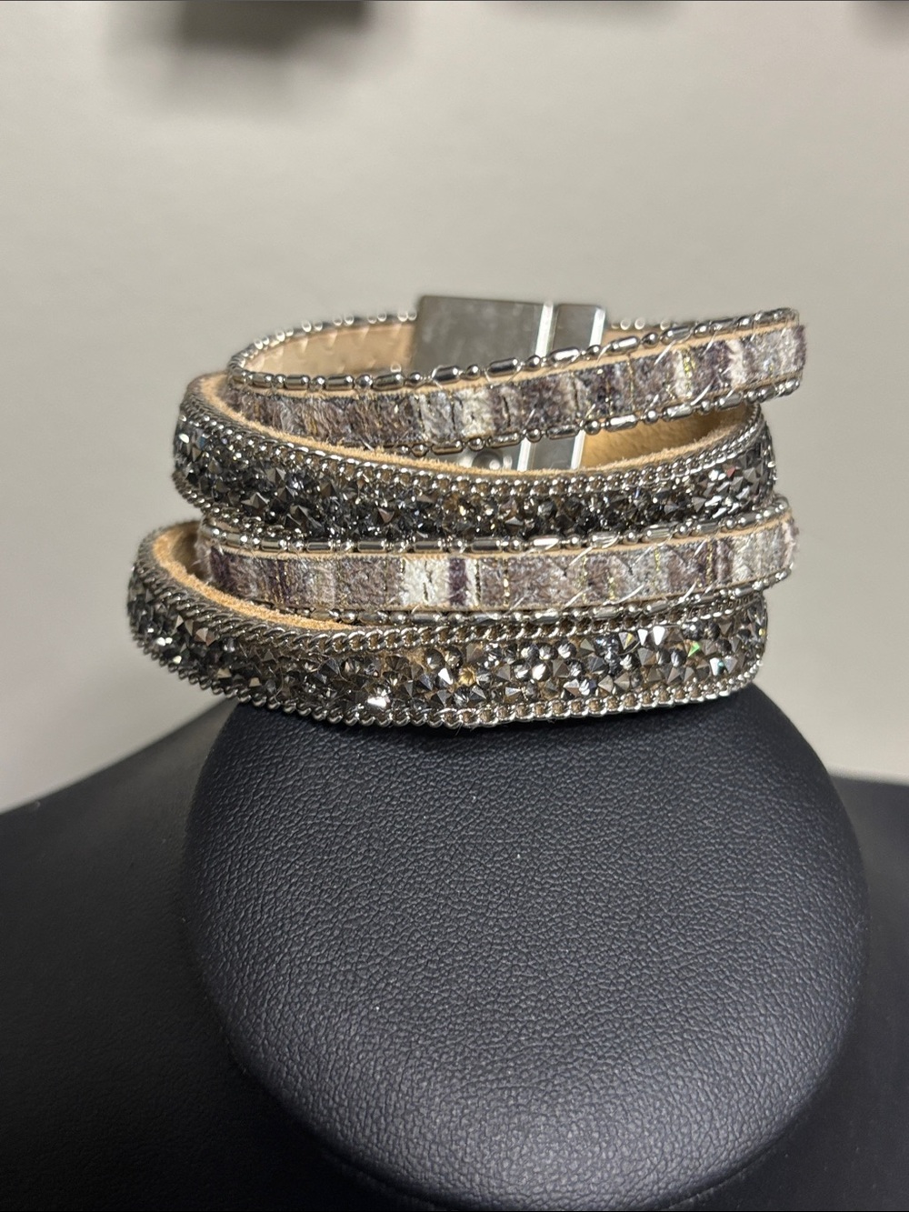 Crystal Embellished Leather Rocker Elegant Wrap Bracelet in Silver